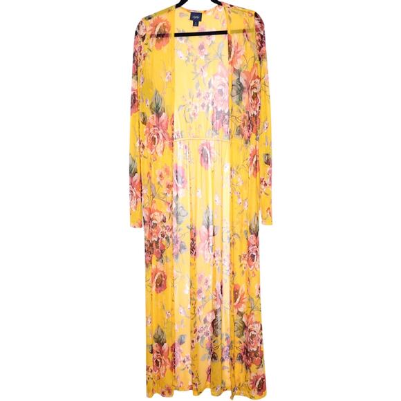 DAYTRIP Floral Print Duster Kimono Yellow Multicolor Mesh Casual Women's M - Picture 1 of 13
